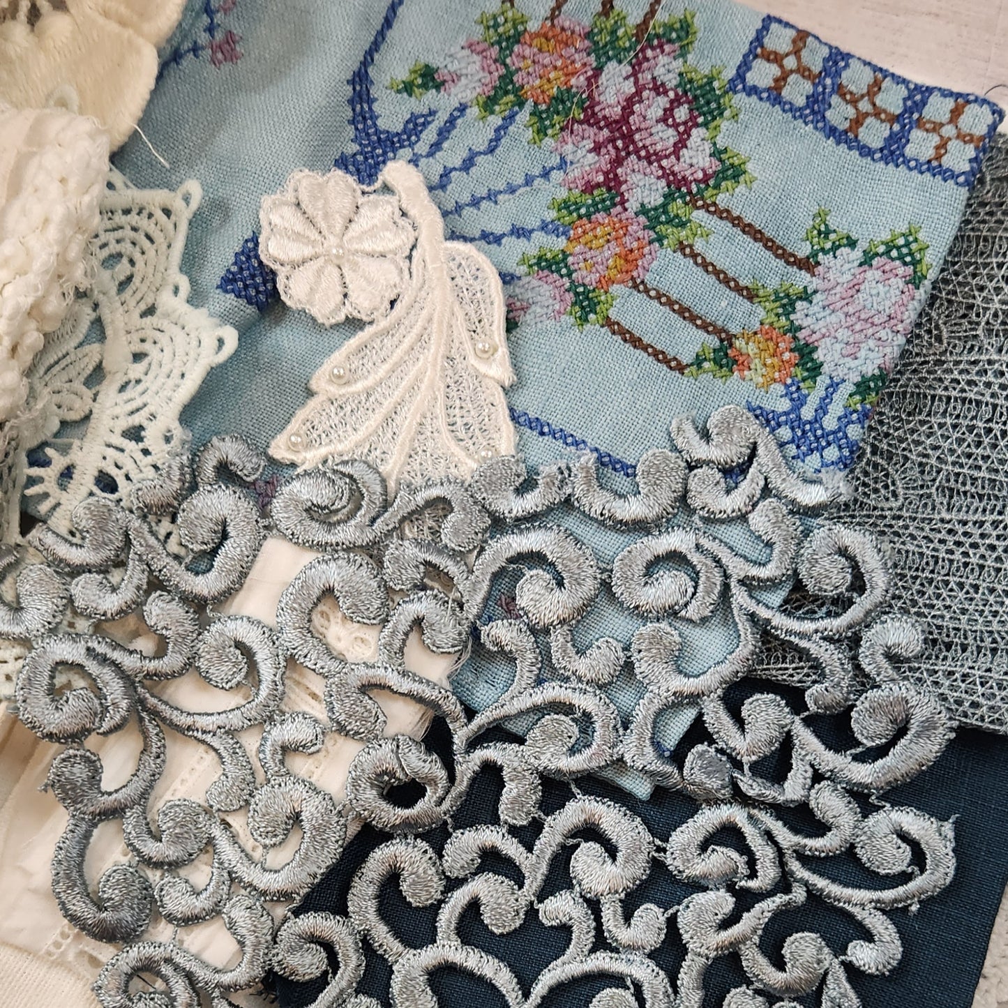 Blue brocade slow stitch