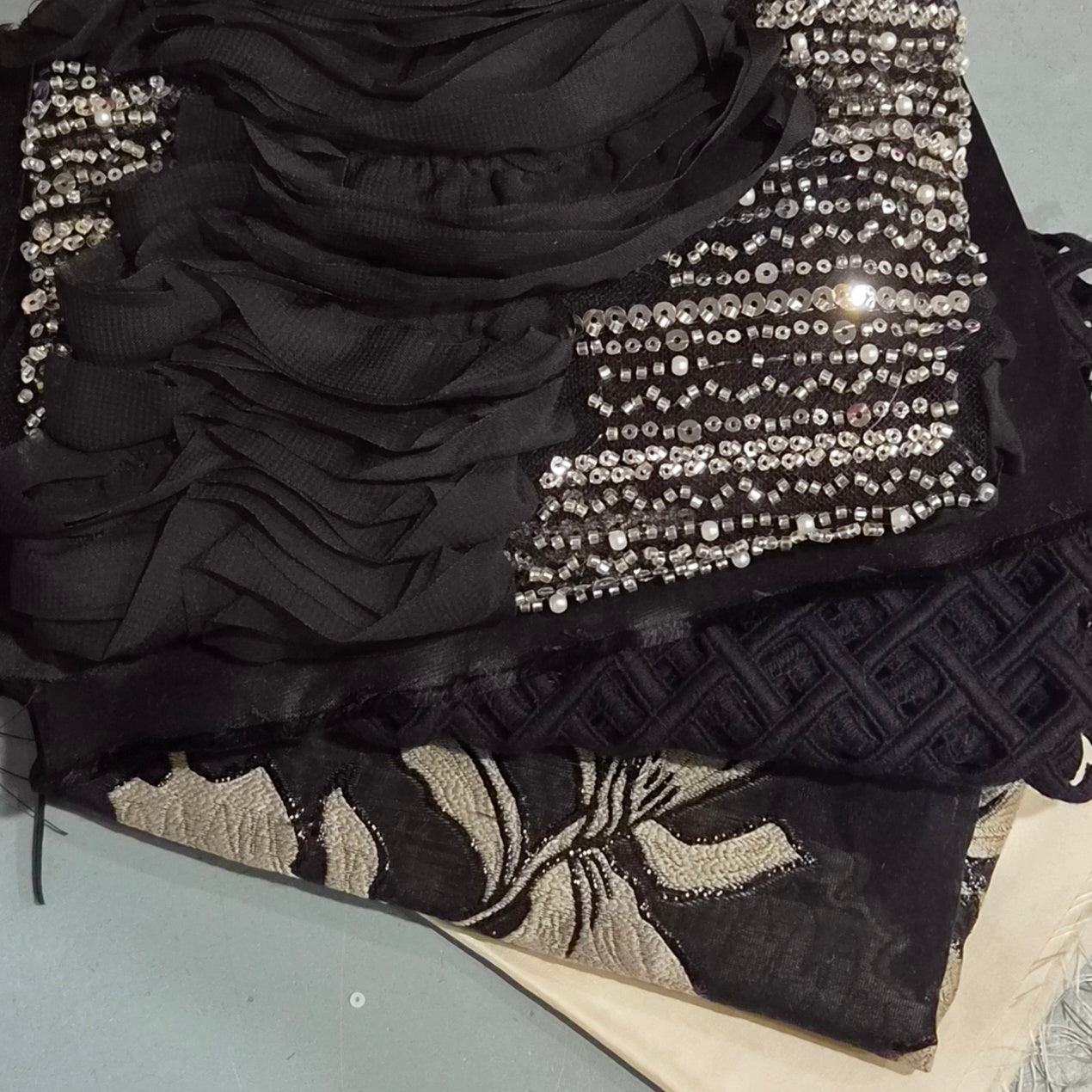 25. 5 pieces assorted beaded mesh, brocade, taffeta