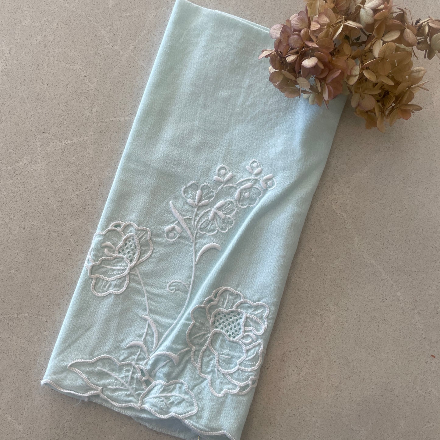 Vintage mint green embroidered linen hand towel