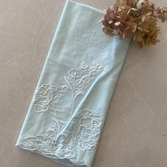 Vintage mint green embroidered linen hand towel