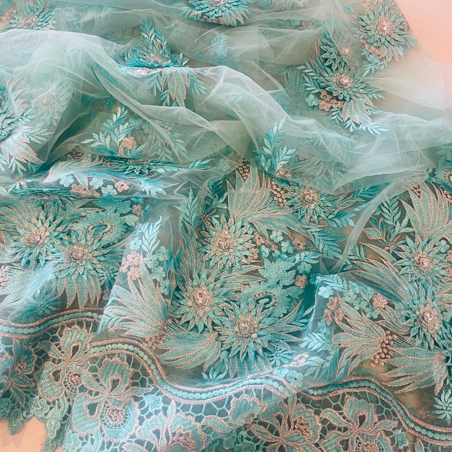 1.7m vibrant aqua and silver embroidered 3D mesh with diamantés