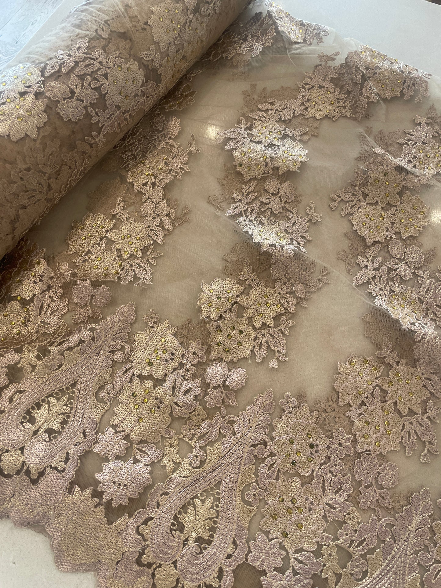 Montana gold diamanté studded embroidered tulle