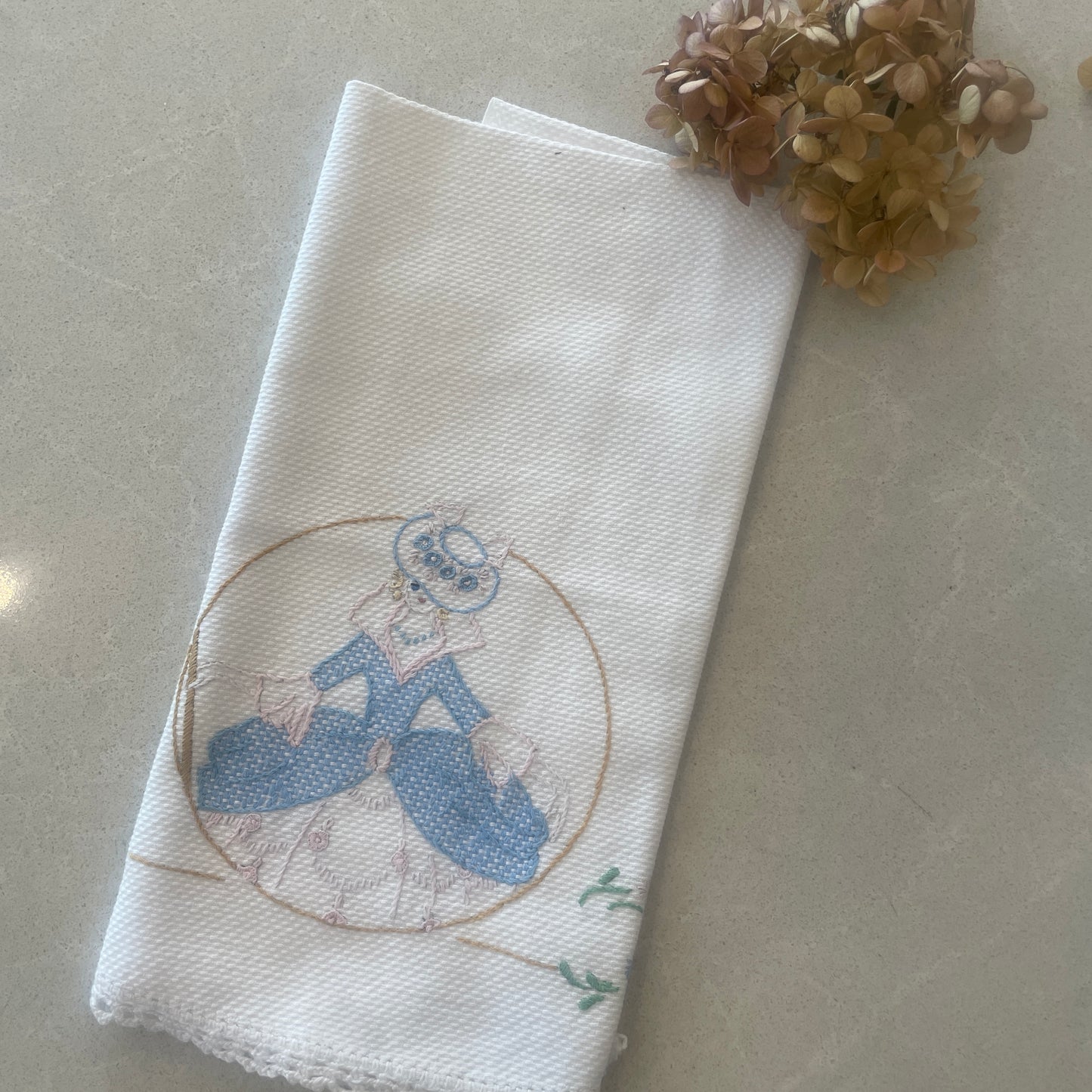 Vintage lady embroidered linen hand towel