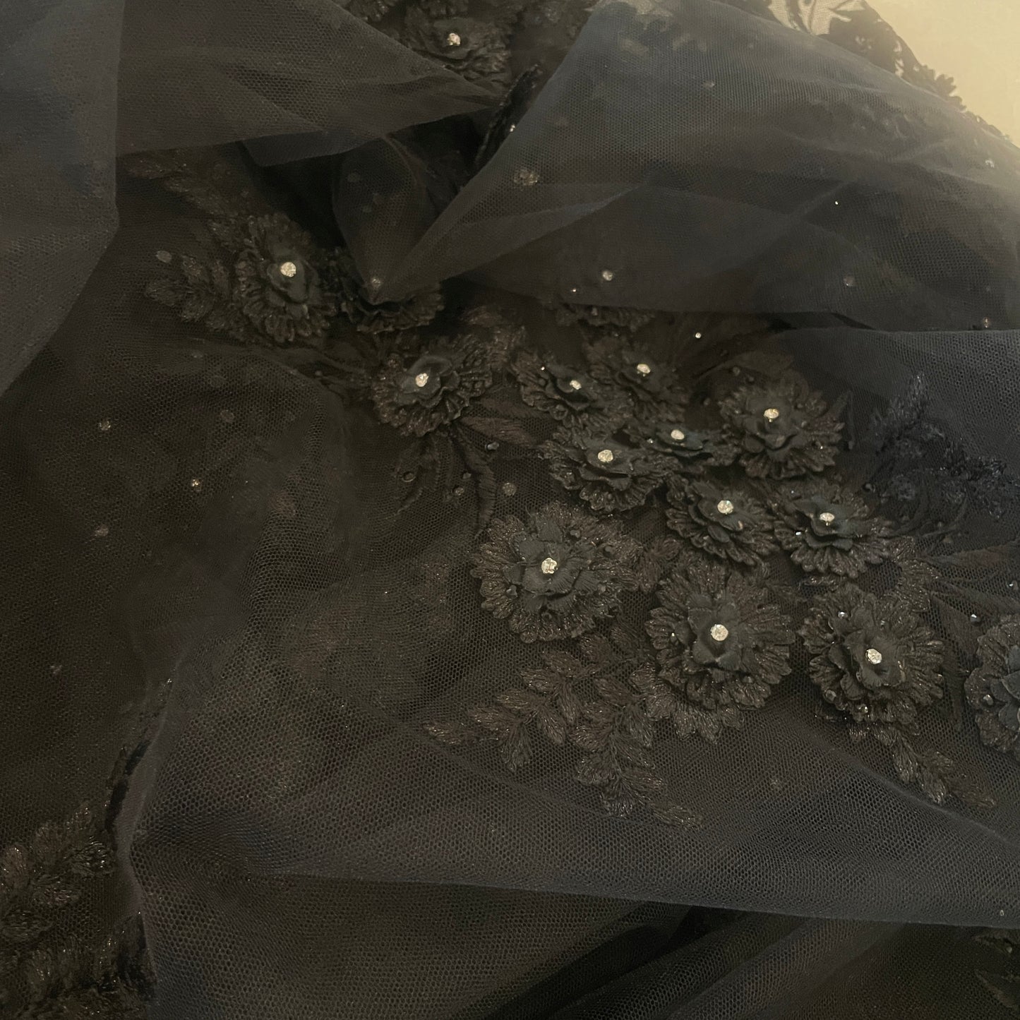 4m black 3D flower embroidered tulle