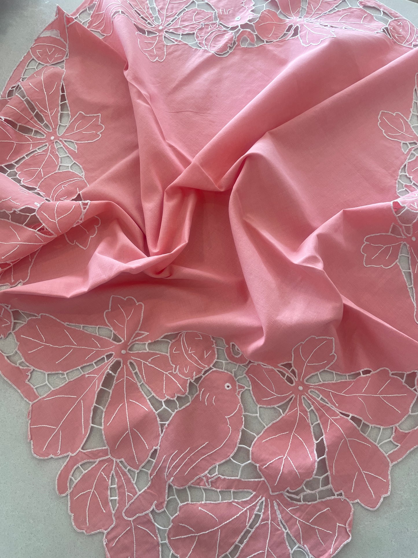 vintage pink birds cut work tea cloth