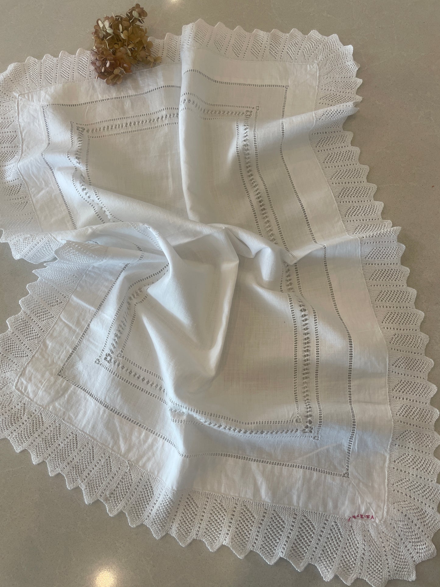 white linen heirloom drawn thread crochet edge table centre