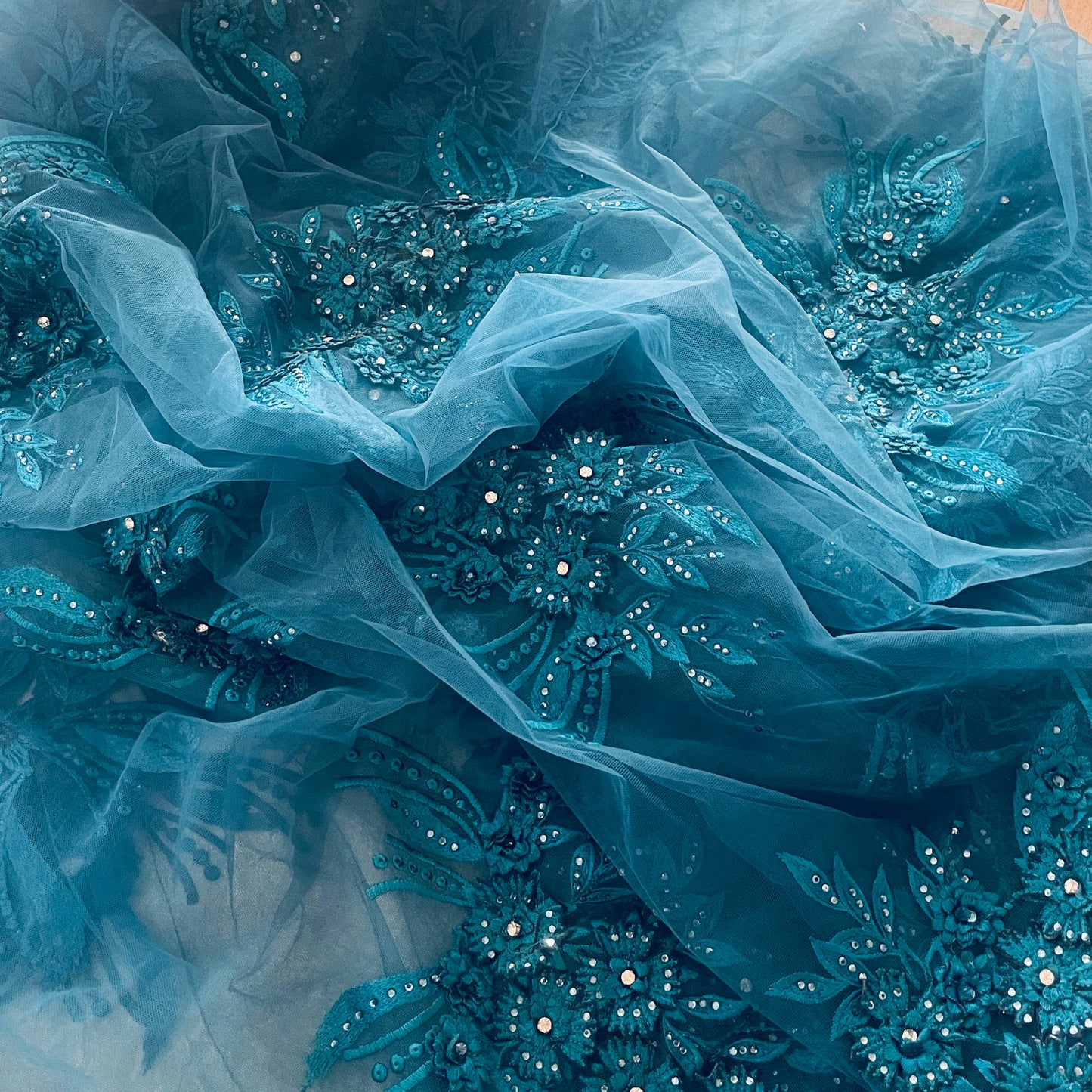 4m ocean teal 3D embroidered diamante tulle