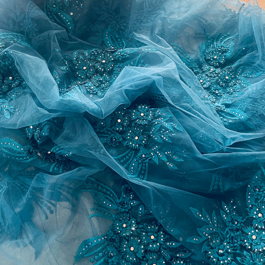 4m ocean teal 3D embroidered diamante tulle