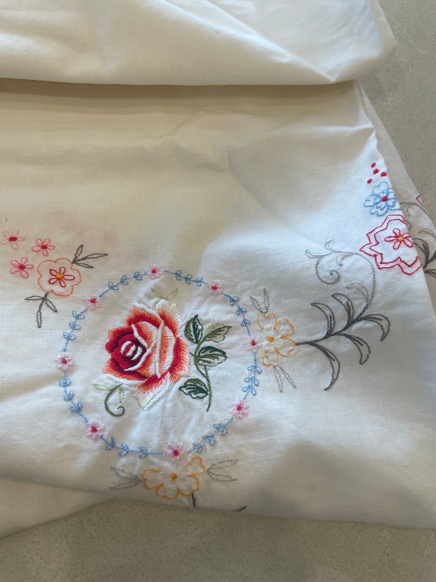 pretty machine embroidered tea cloth