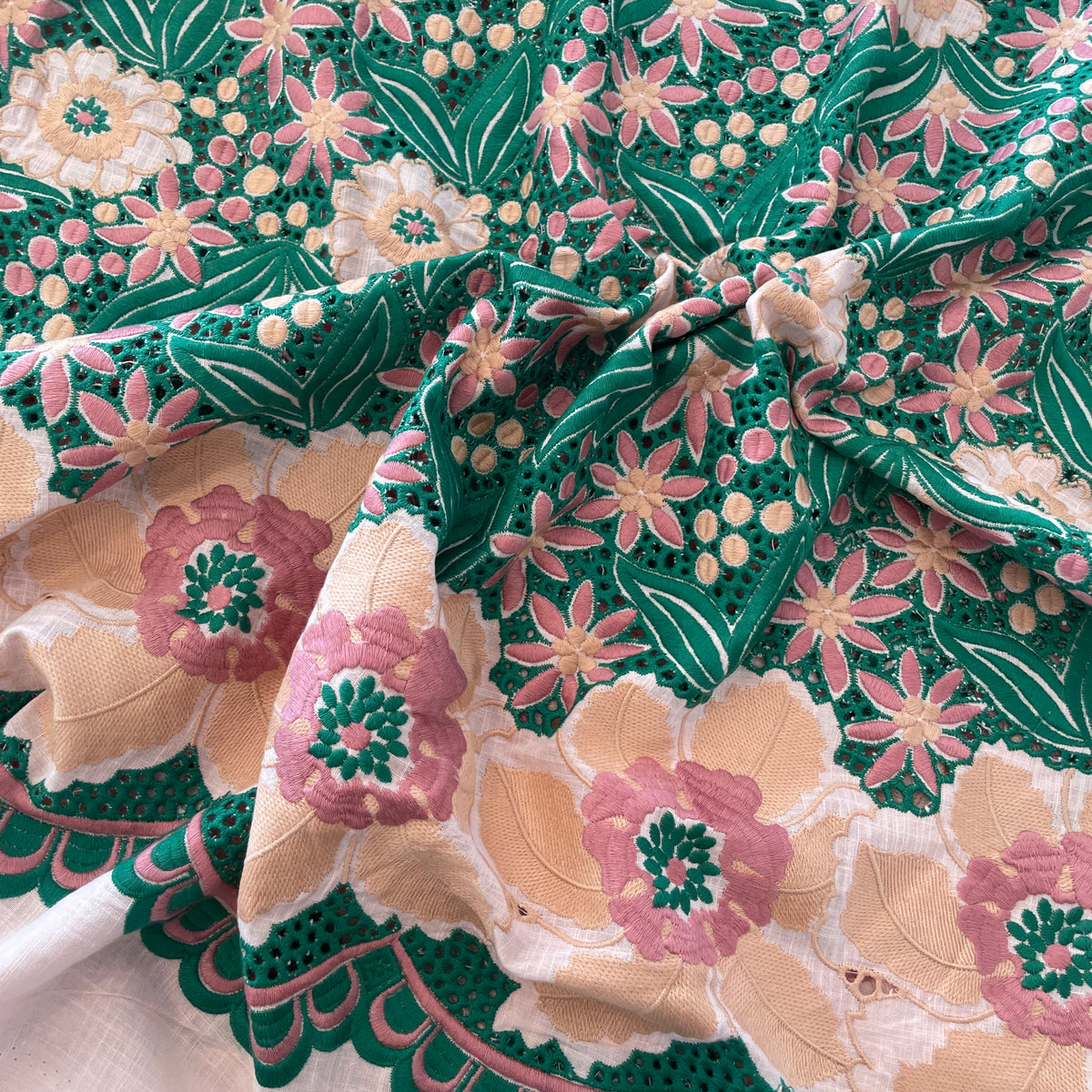 2.9 m pink peach and green embroidered cotton