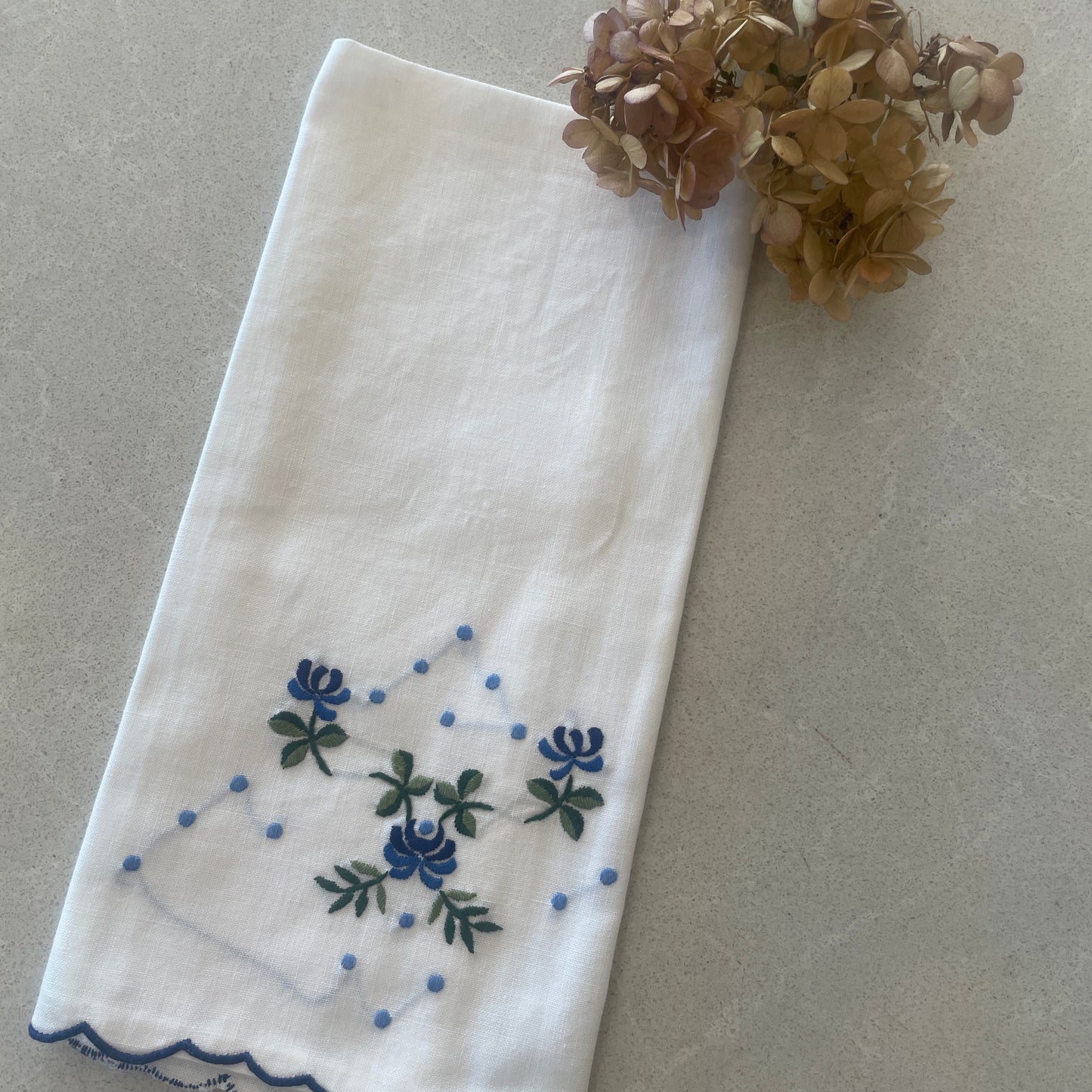 Vintage blue floral embroidered linen hand towel
