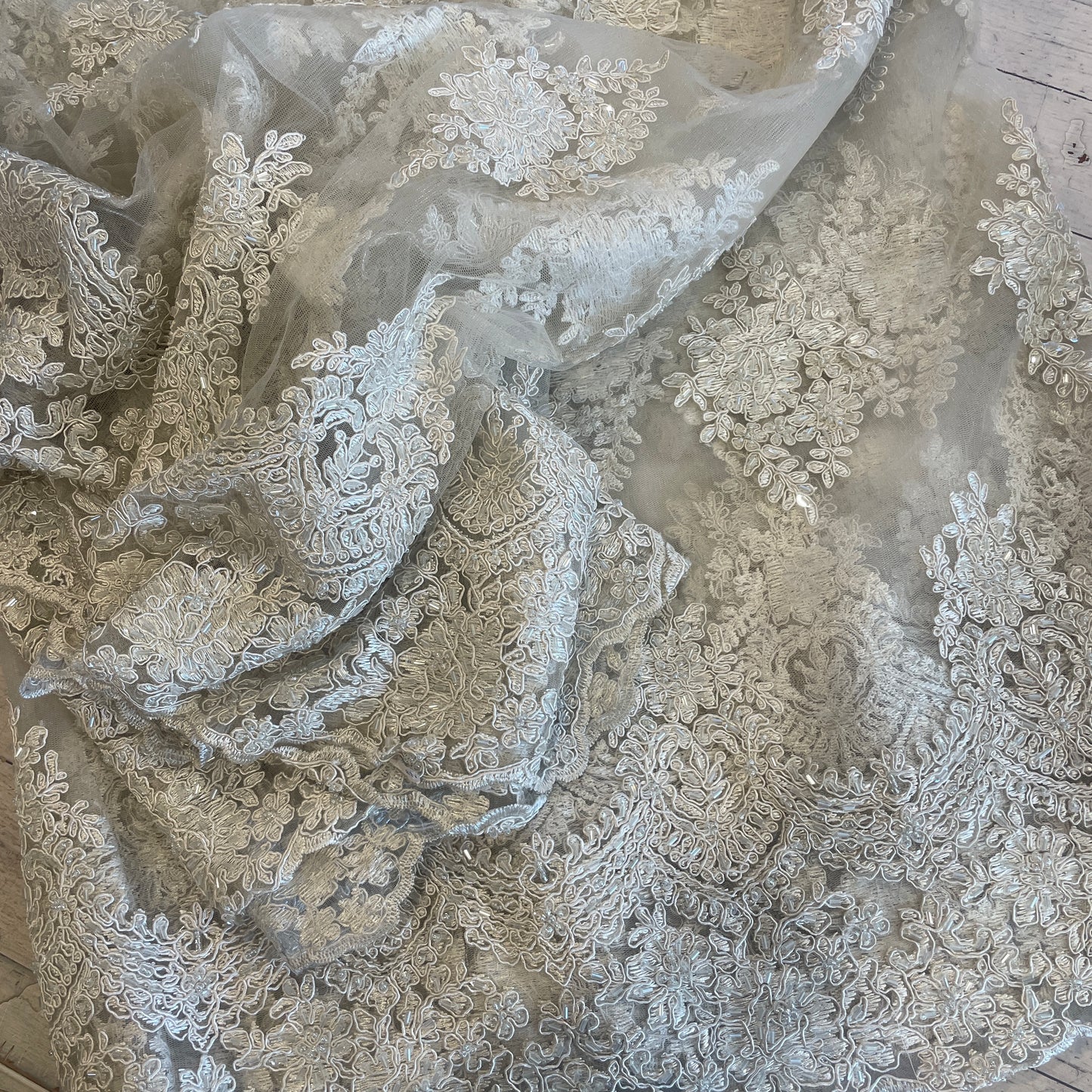 4m oyster white beaded corded lace mesh
