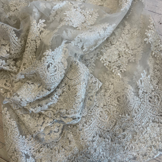 4m oyster white beaded corded lace mesh