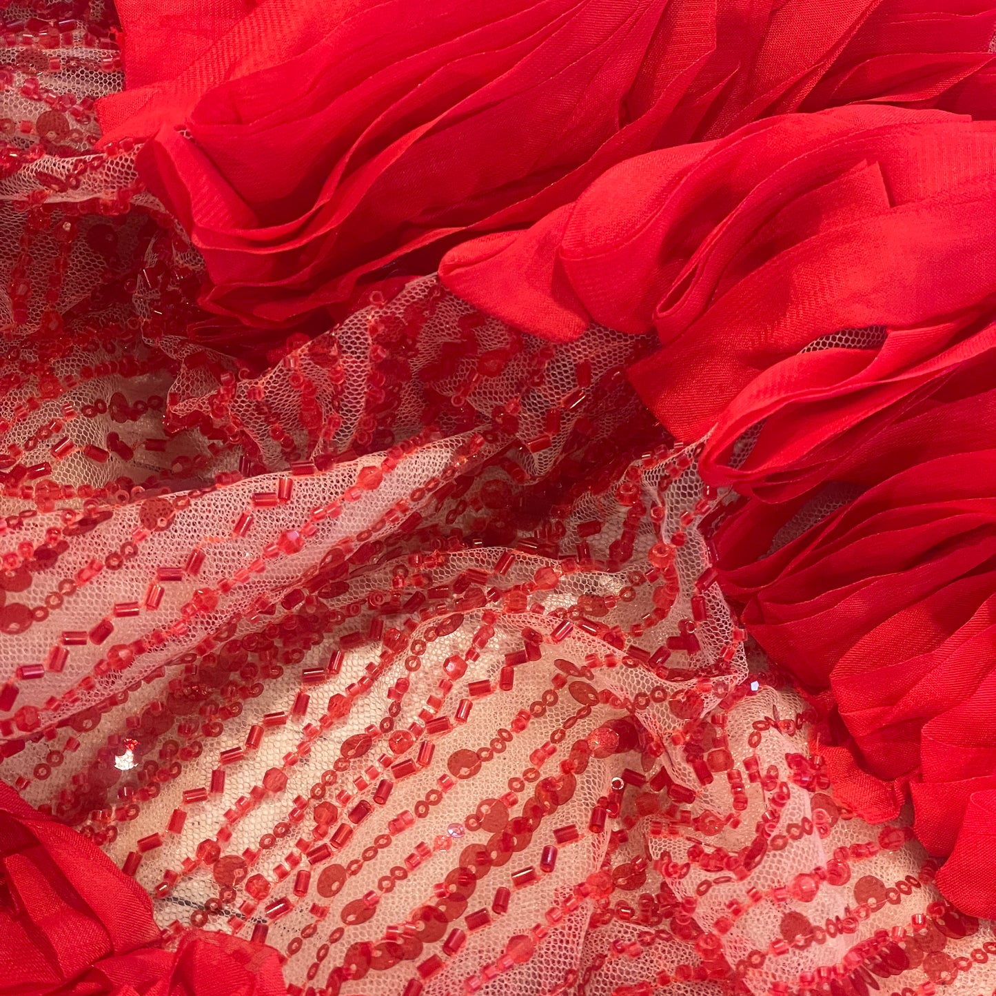 Scarlet ruffle beaded tulle