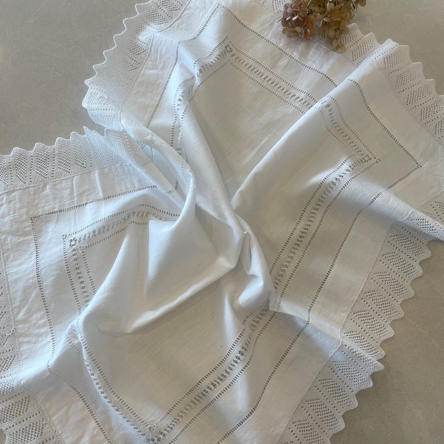 white linen heirloom drawn thread crochet edge table centre