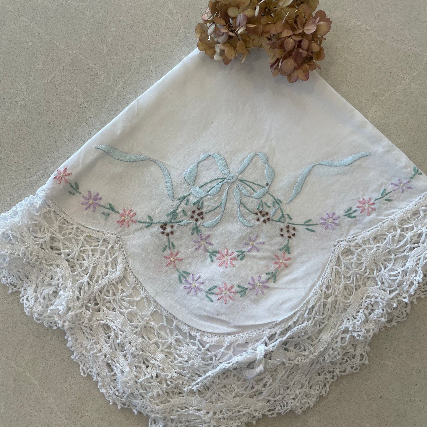 Vintage linen hand embroidered cloth with hand crochet edging