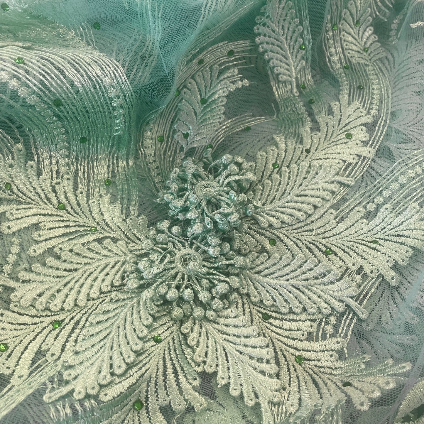 3.3m mint green 3D embroidered diamante tulle