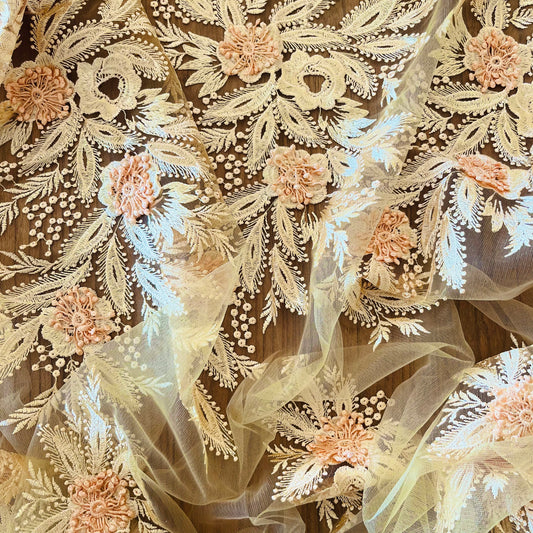 2m Butter Lemon 3D embroidered tulle polyester