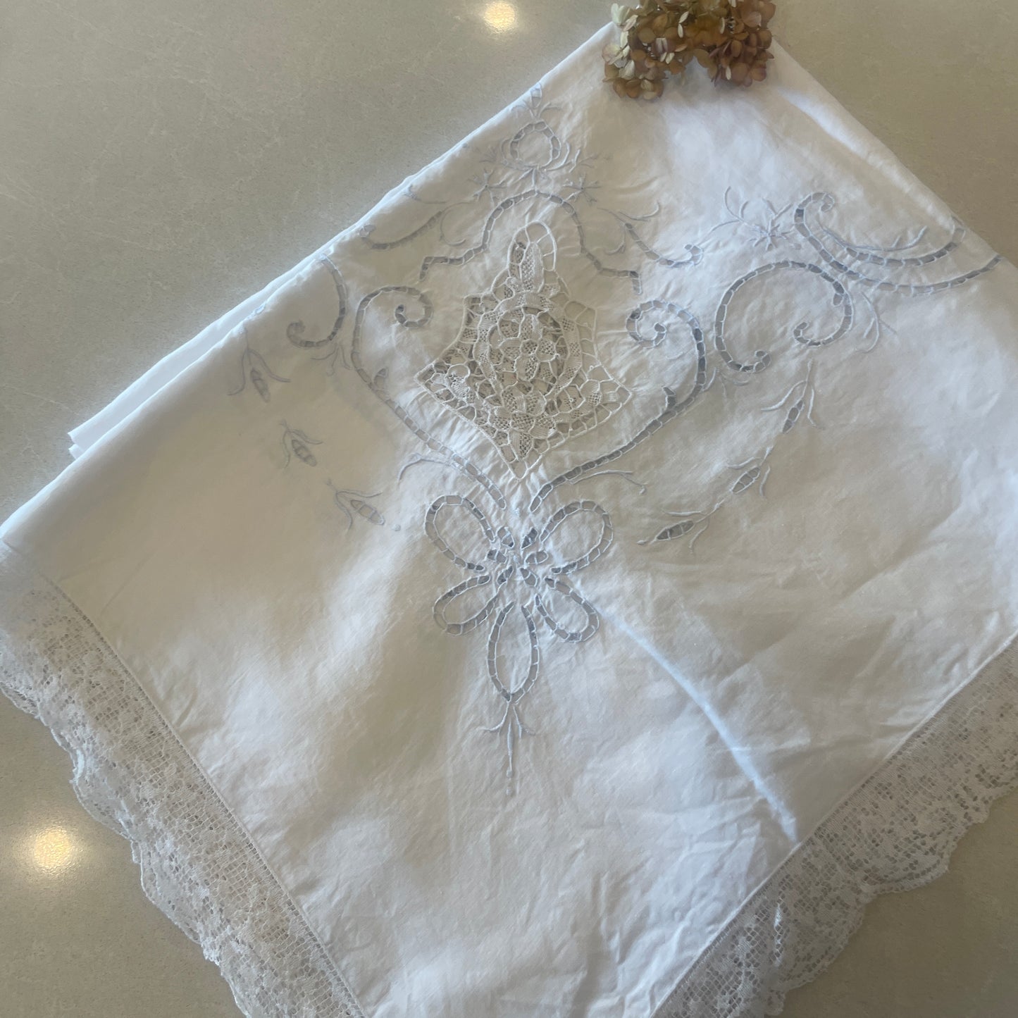 vintage palest blue cutwork embroidery table cloth