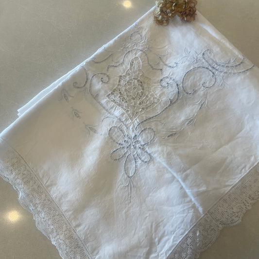 vintage palest blue cutwork embroidery table cloth