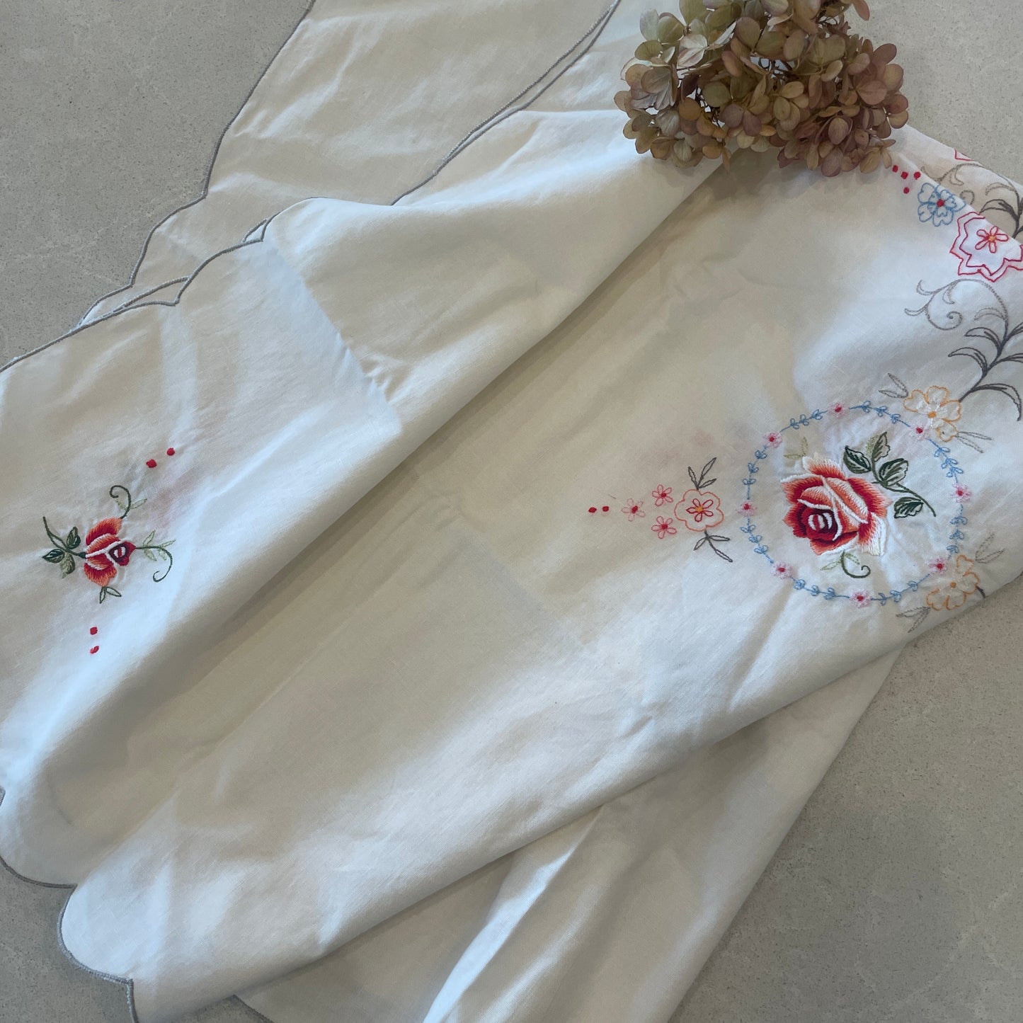 pretty machine embroidered tea cloth