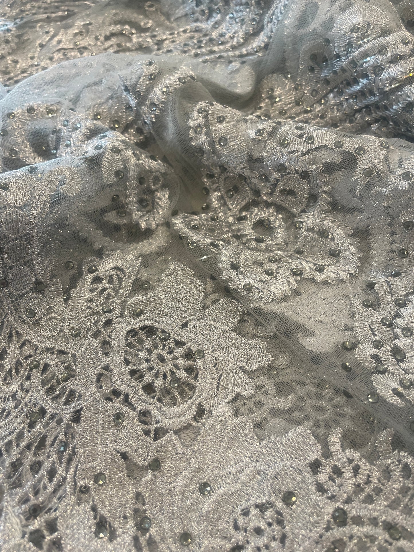 4.6m metallic silver diamante studded embroidered tulle