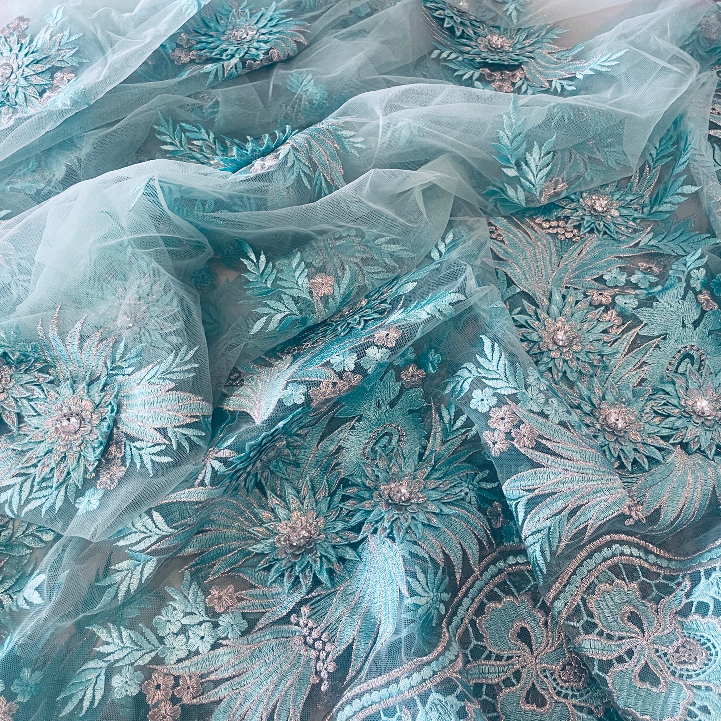 1.7m vibrant aqua and silver embroidered 3D mesh with diamantés