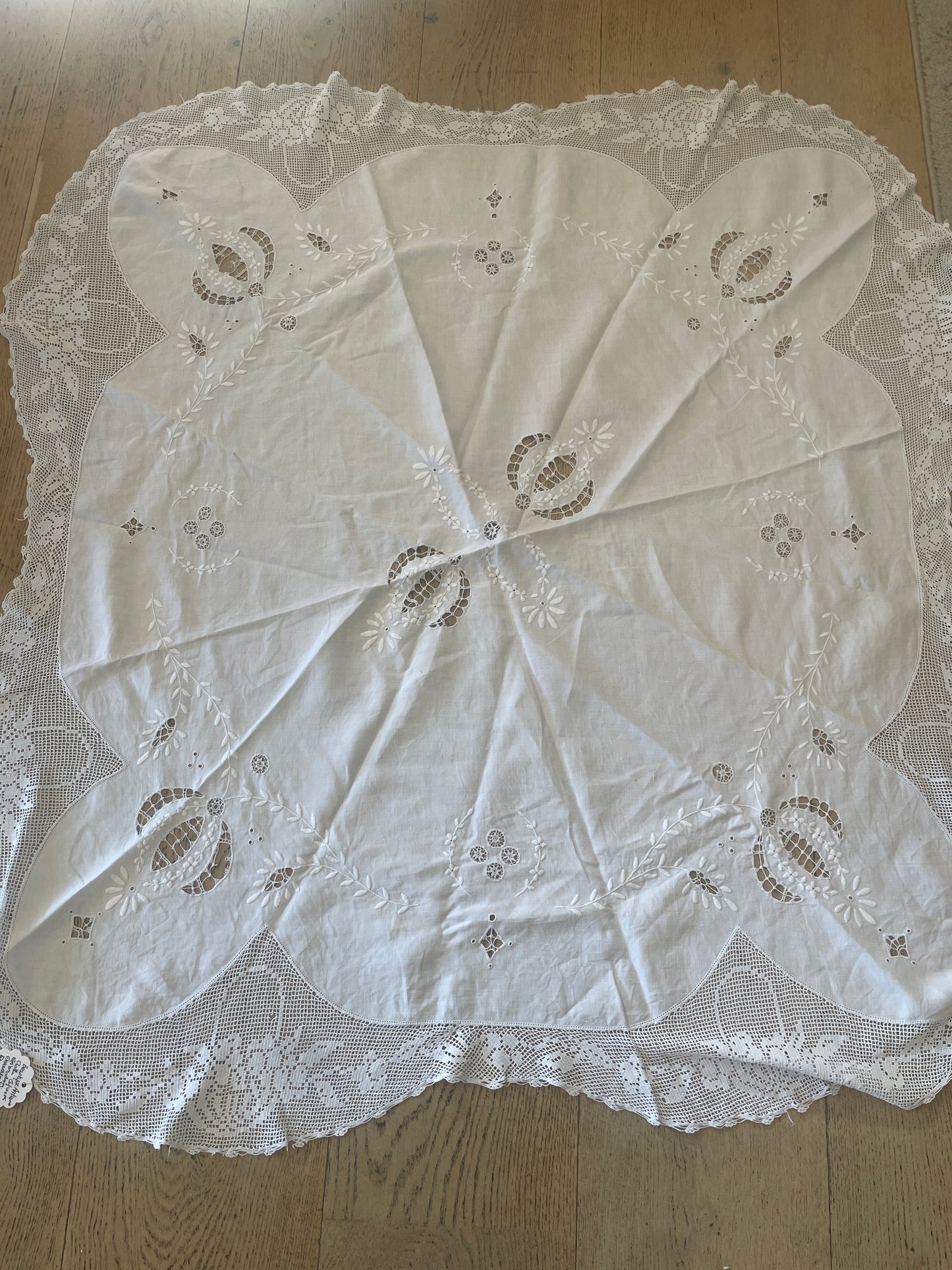 Beautiful antique cut work cloth with crochet edge