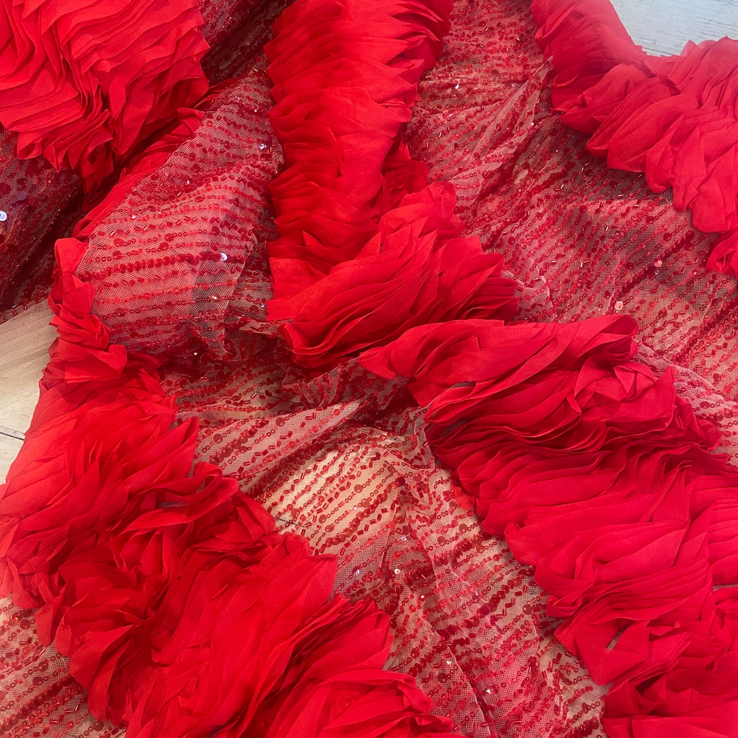Scarlet ruffle beaded tulle