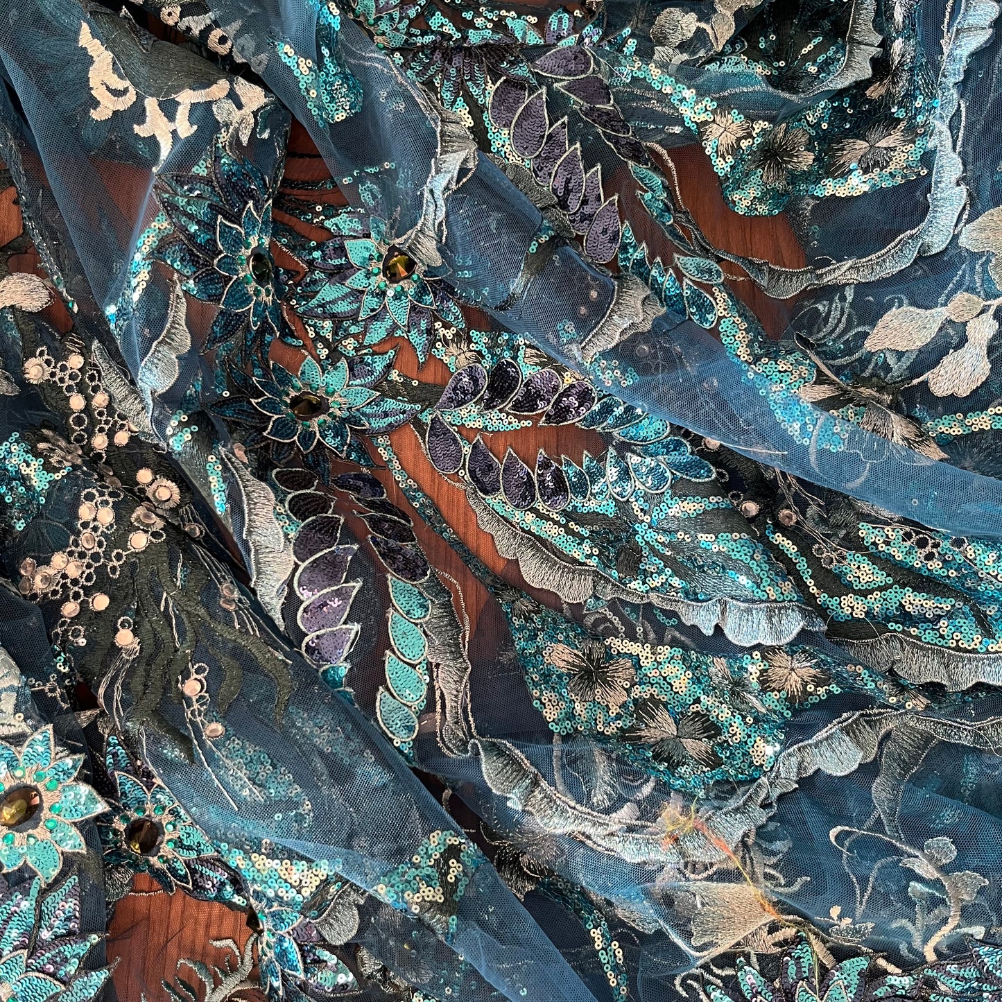 3m teal embroidered and sequin 3D flower mesh