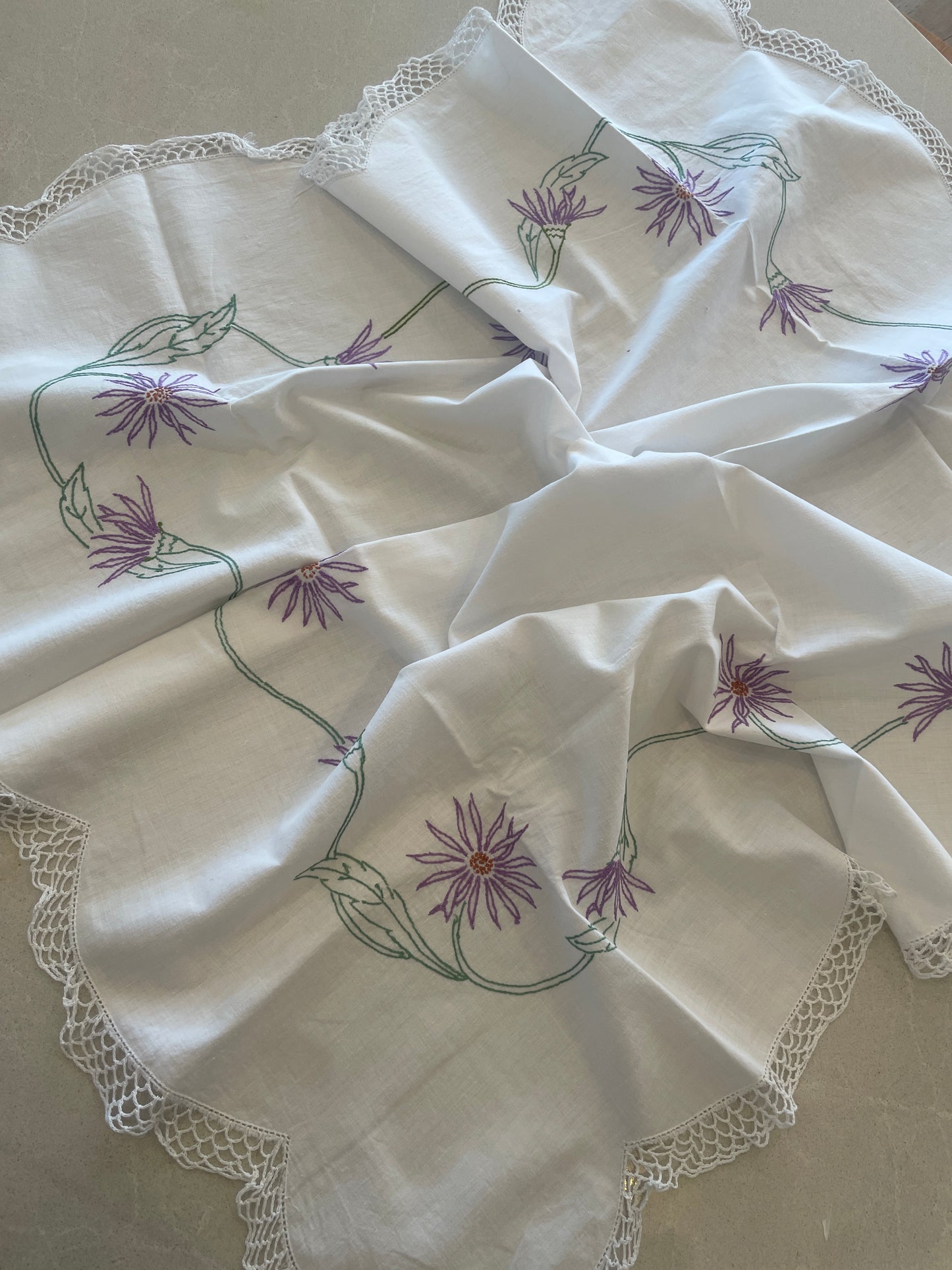 vintage scallop edge purple floral embroidered tea cloth