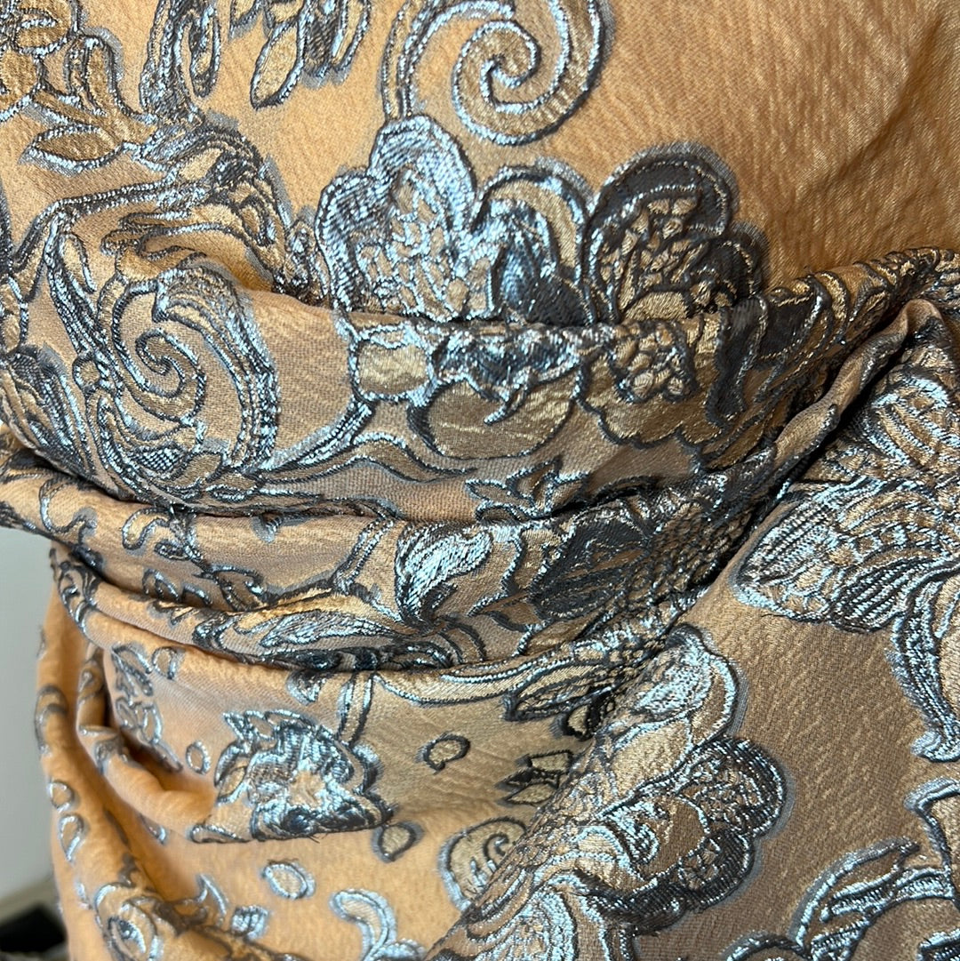 Pewter Peach Boarder Soft Silk Blend Cloque Brocade