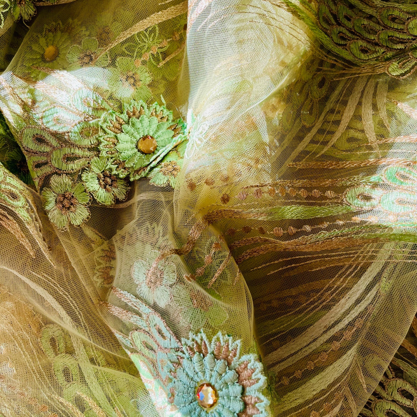 2.7m Mint and Gold Embroidered 3D mesh with diamantés poly Lurex