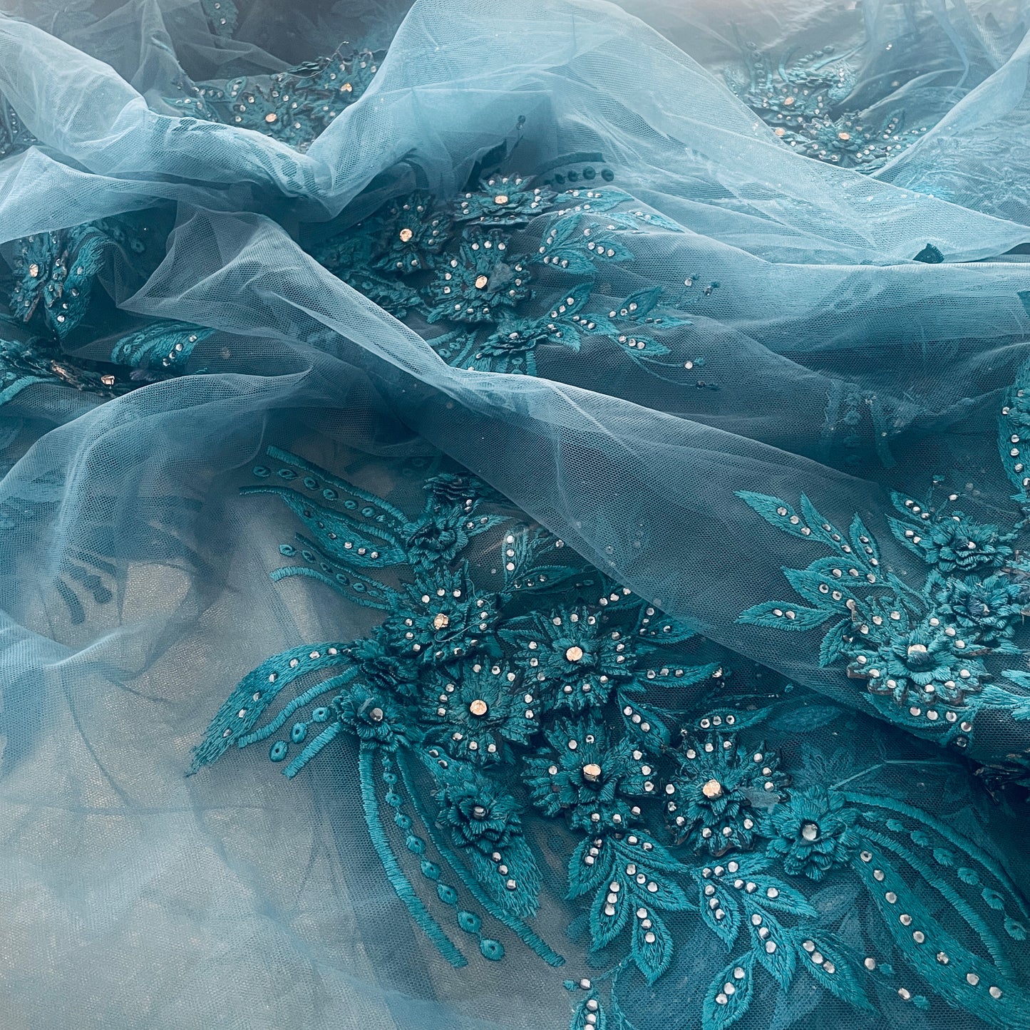 4m ocean teal 3D embroidered diamante tulle