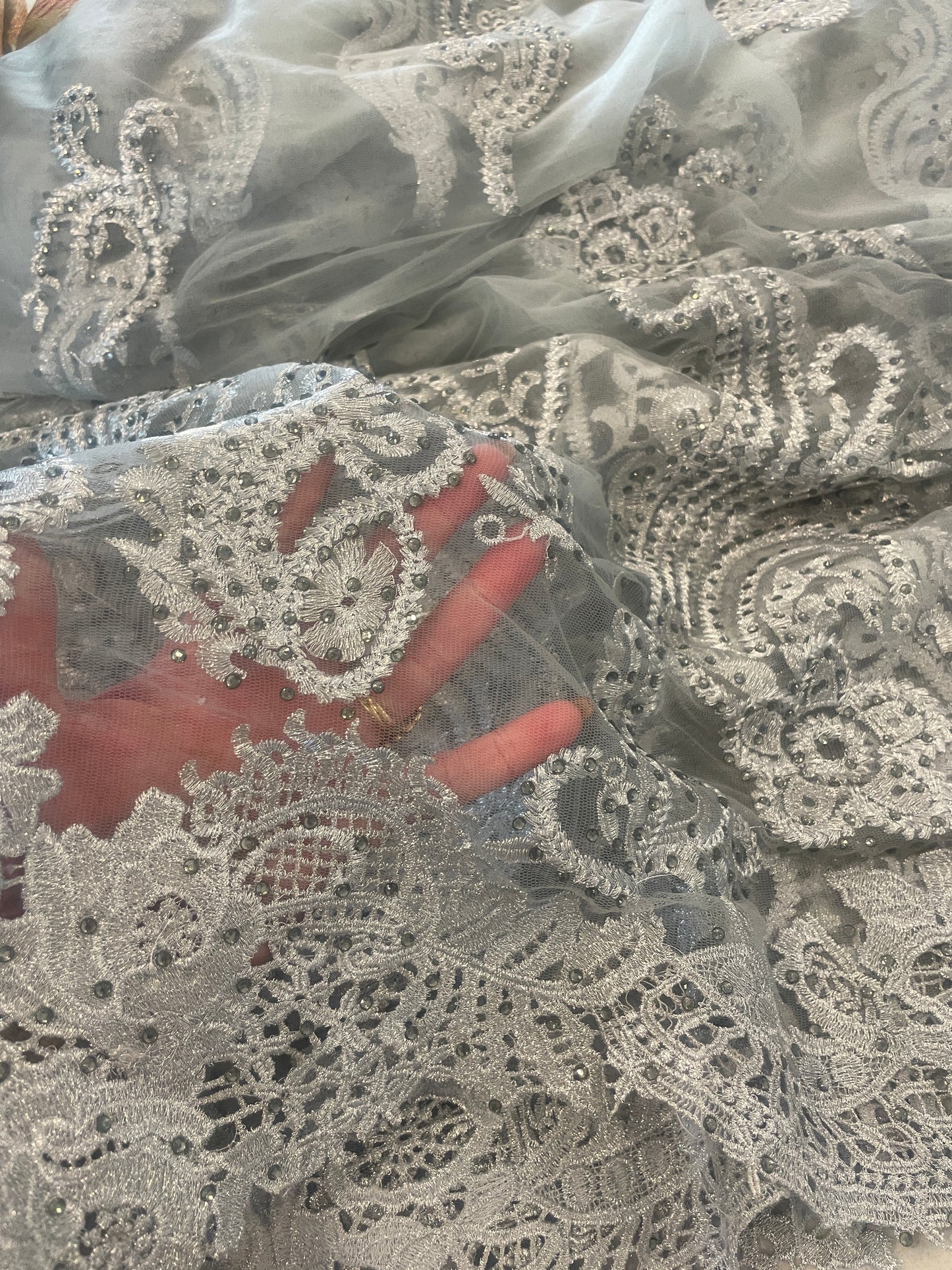 4.6m metallic silver diamante studded embroidered tulle