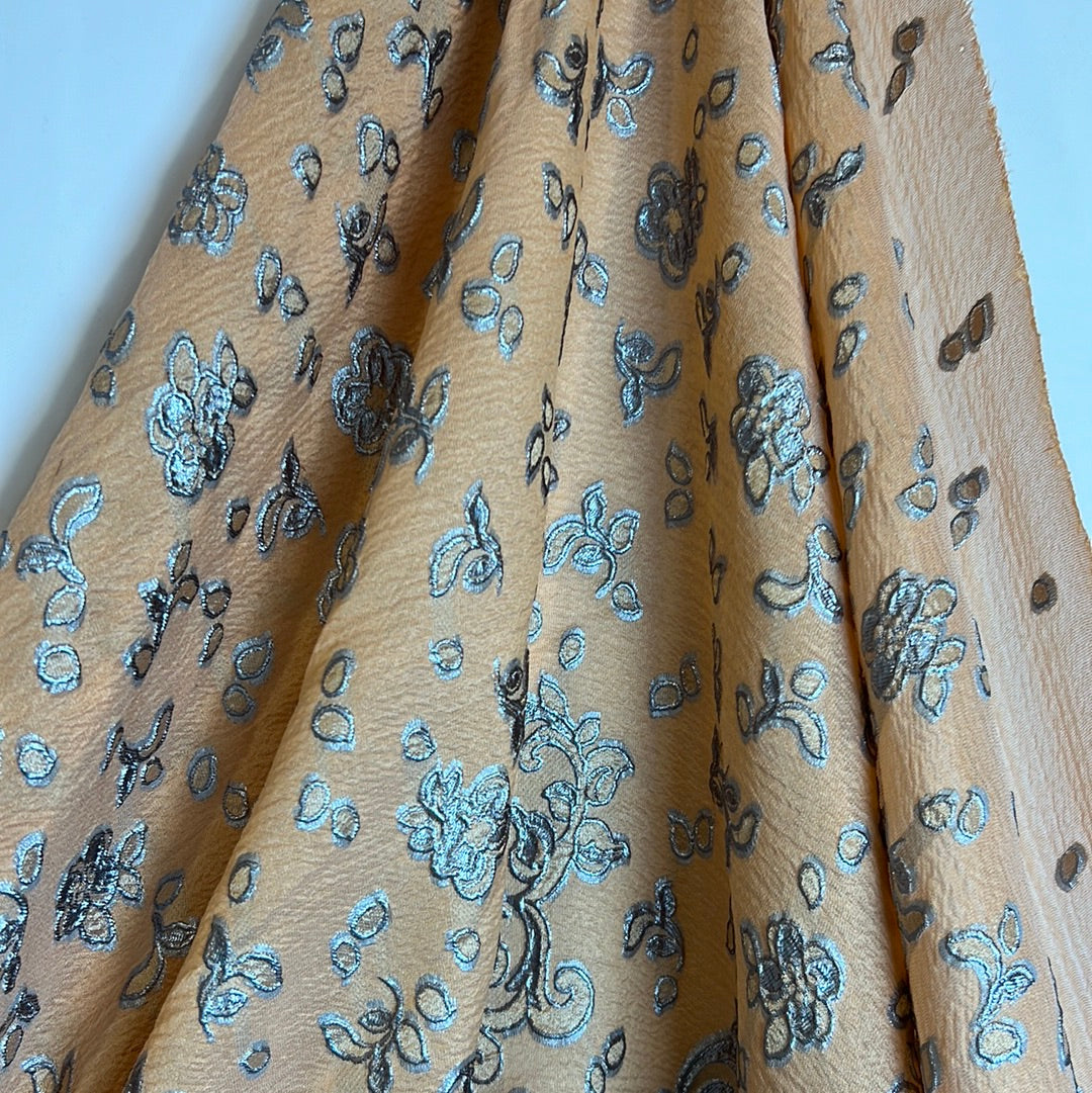 Pewter Peach Boarder Soft Silk Blend Cloque Brocade