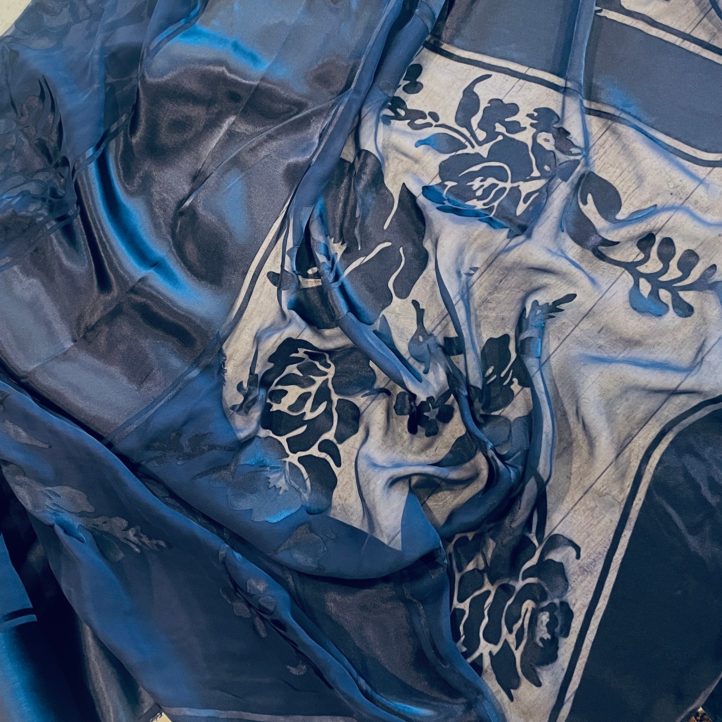 Midnight navy vintage panels  Burnout Silk Satin