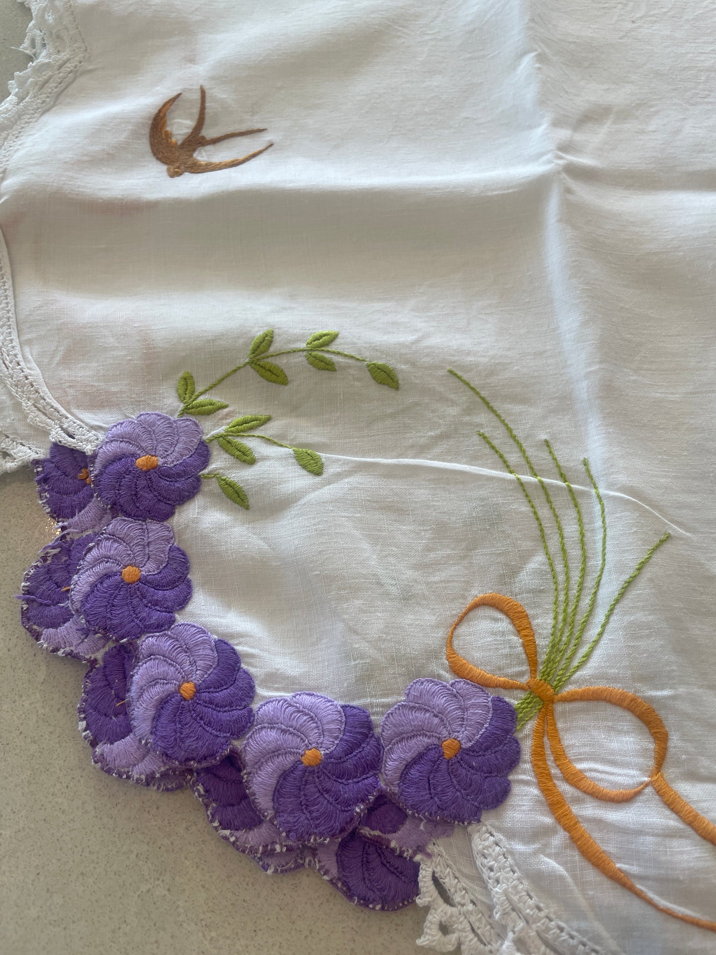 purple pansies hand embroidered table cloth