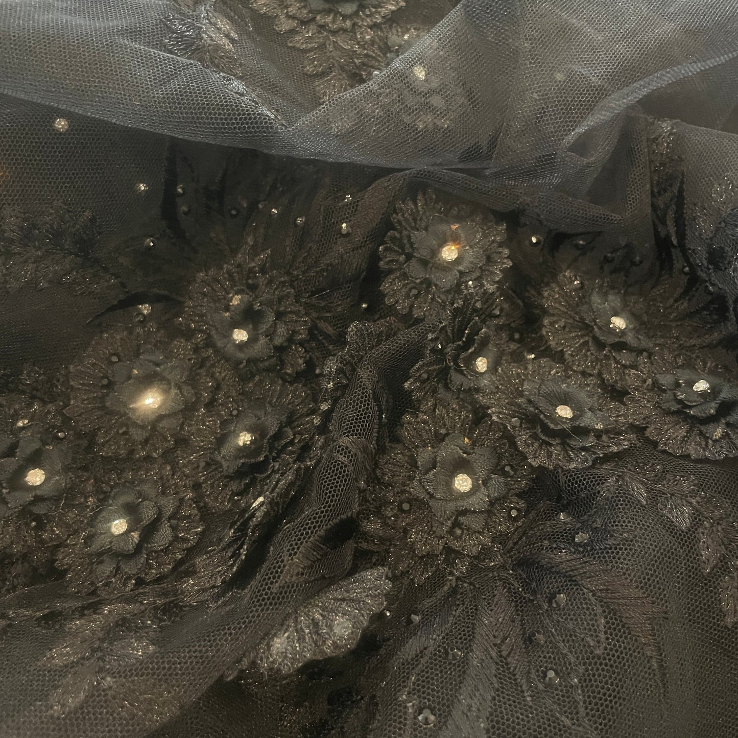 4m black 3D flower embroidered tulle