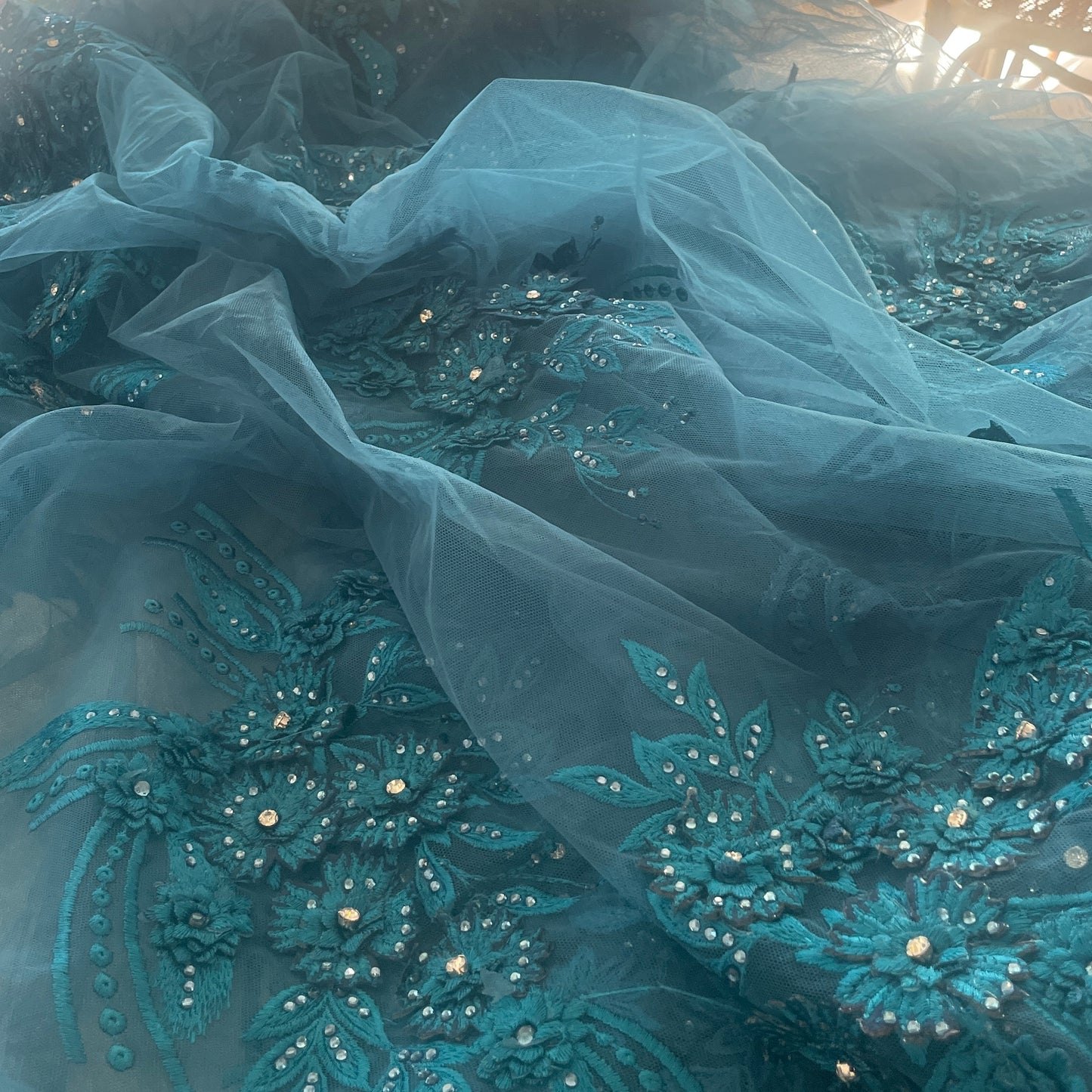4m ocean teal 3D embroidered diamante tulle