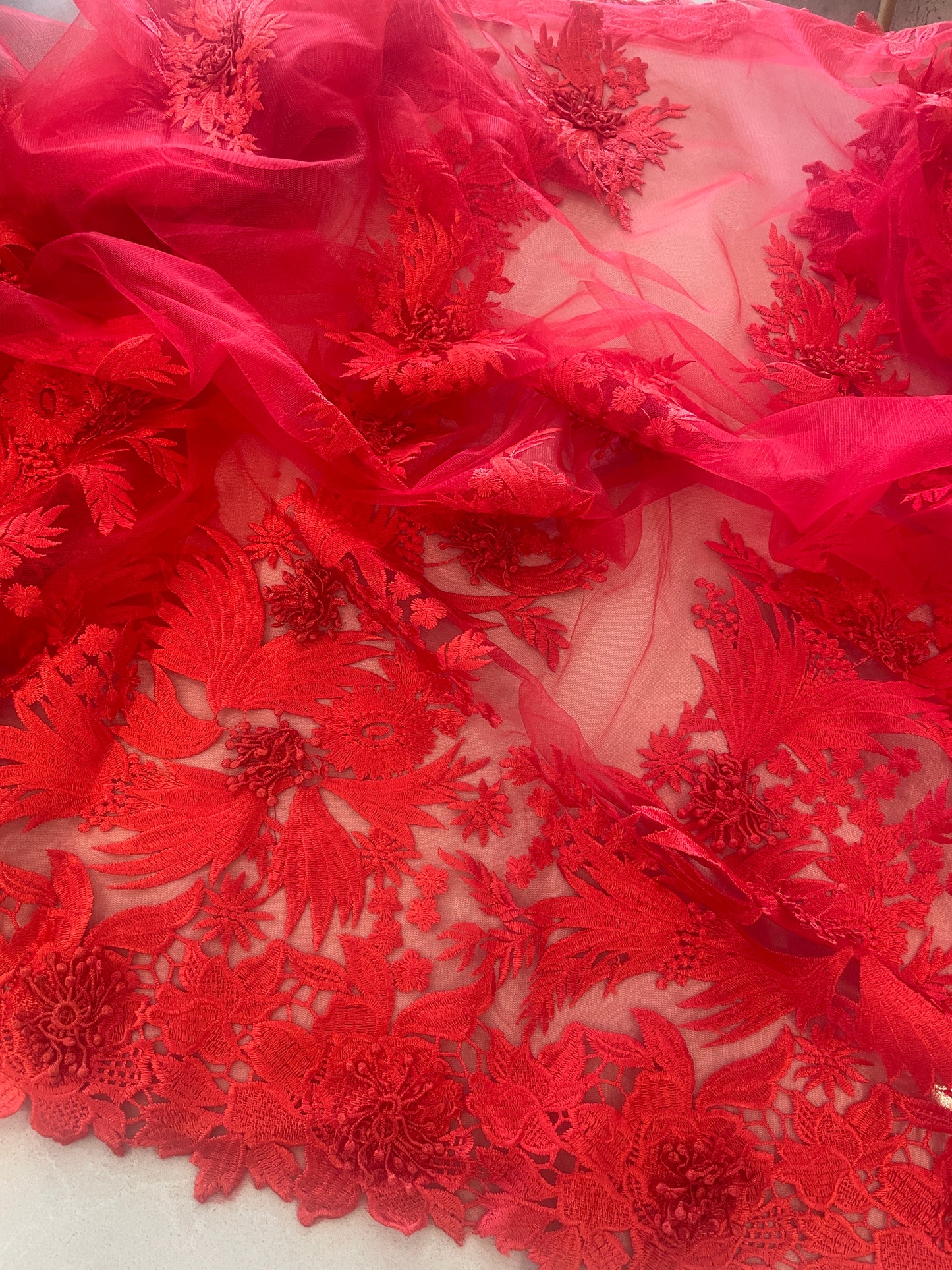 2m red 3D embroidered tulle lace