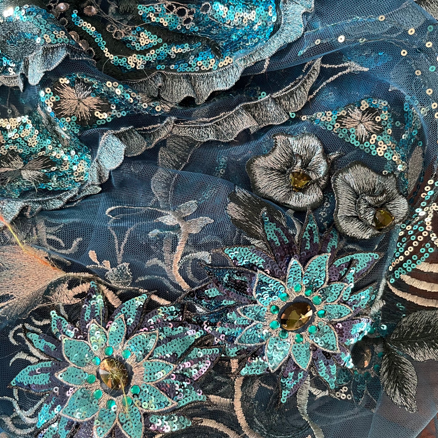 3m teal embroidered and sequin 3D flower mesh