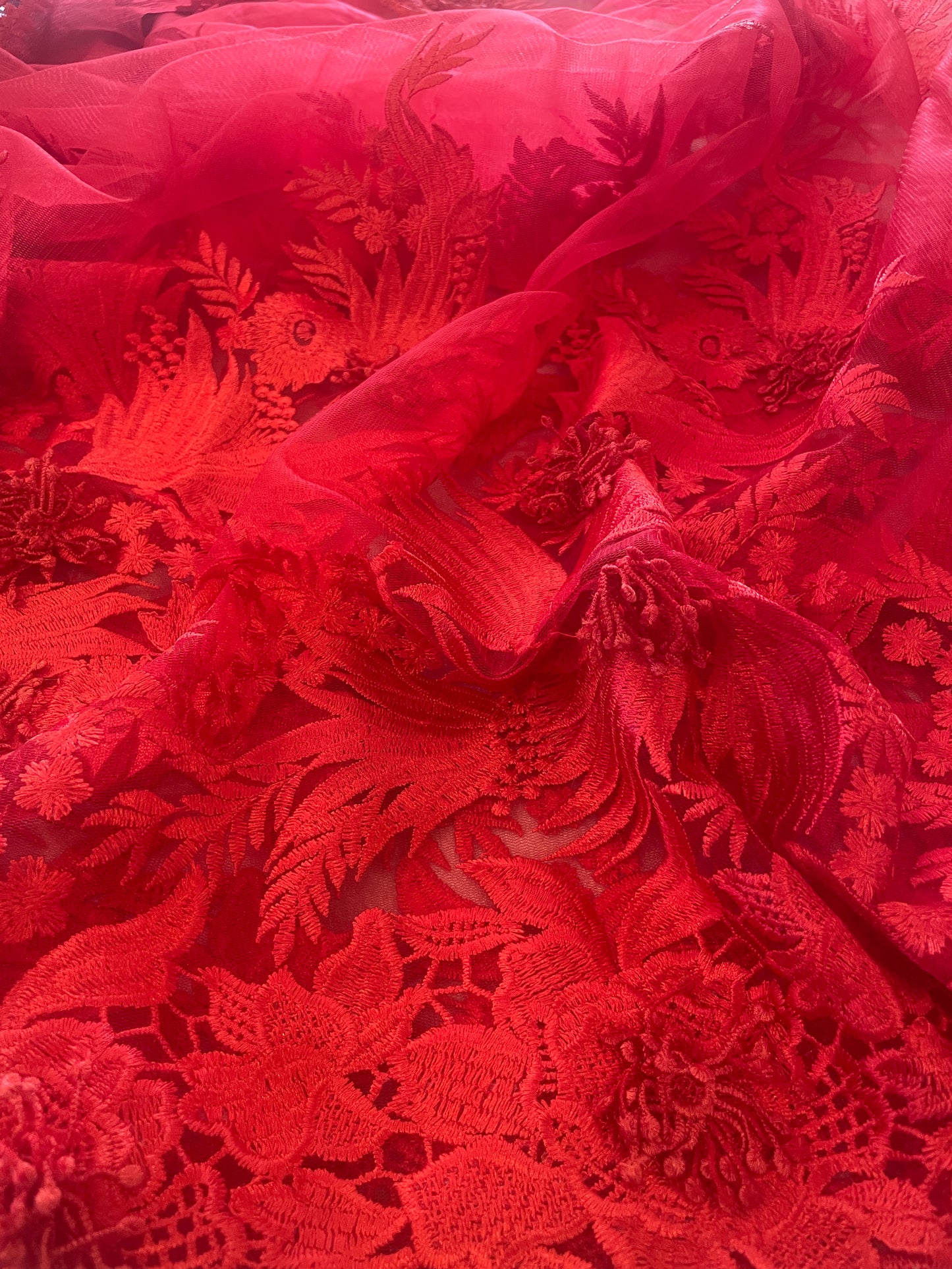 2m red 3D embroidered tulle lace