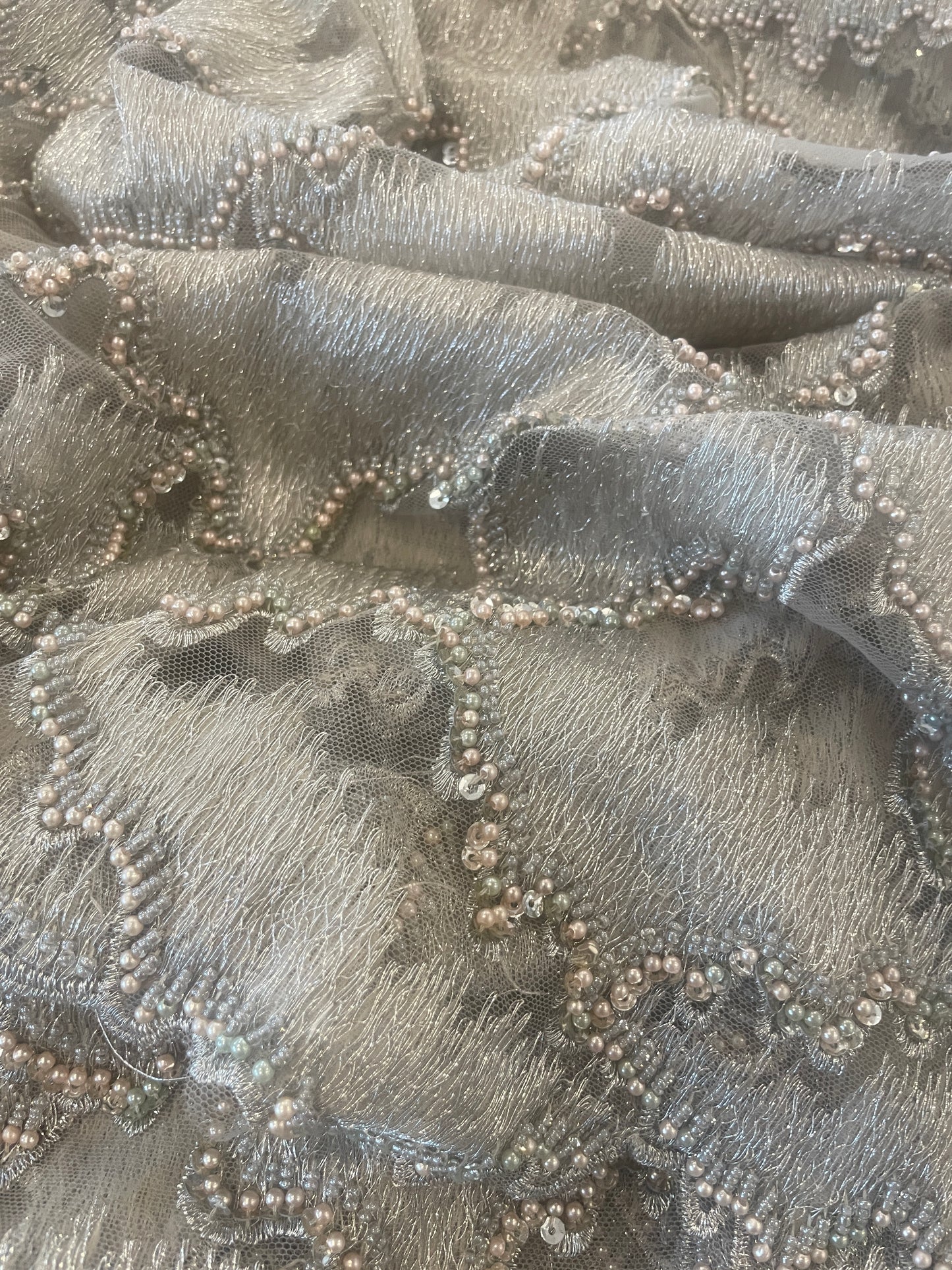 3.5m metallic silver beaded embroidered tulle