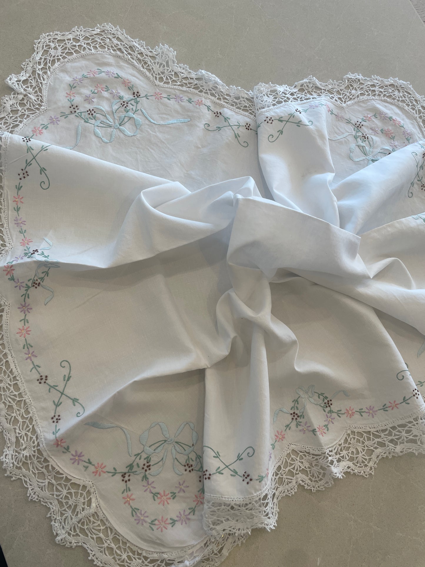 Vintage linen hand embroidered cloth with hand crochet edging