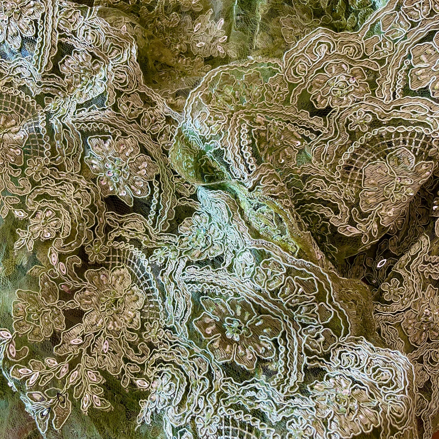 3.8m sage green corded beaded lace poly + glass
