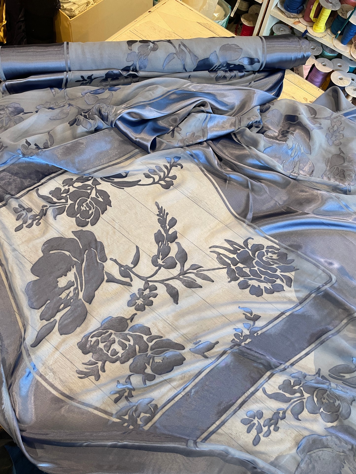 Jacaranda blue vintage panels  Burnout Silk Satin