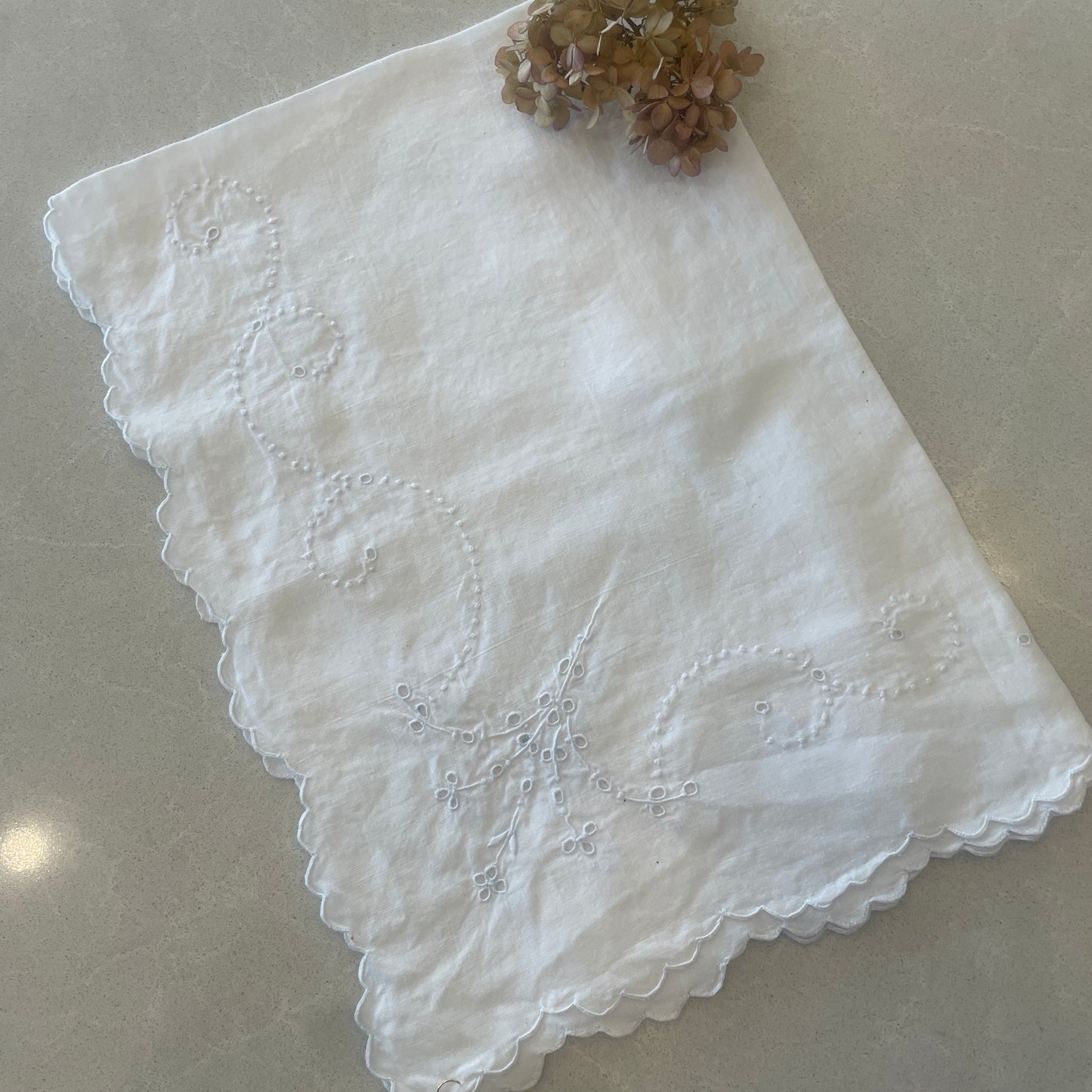 Vintage linen hand embroidered cut work table centre