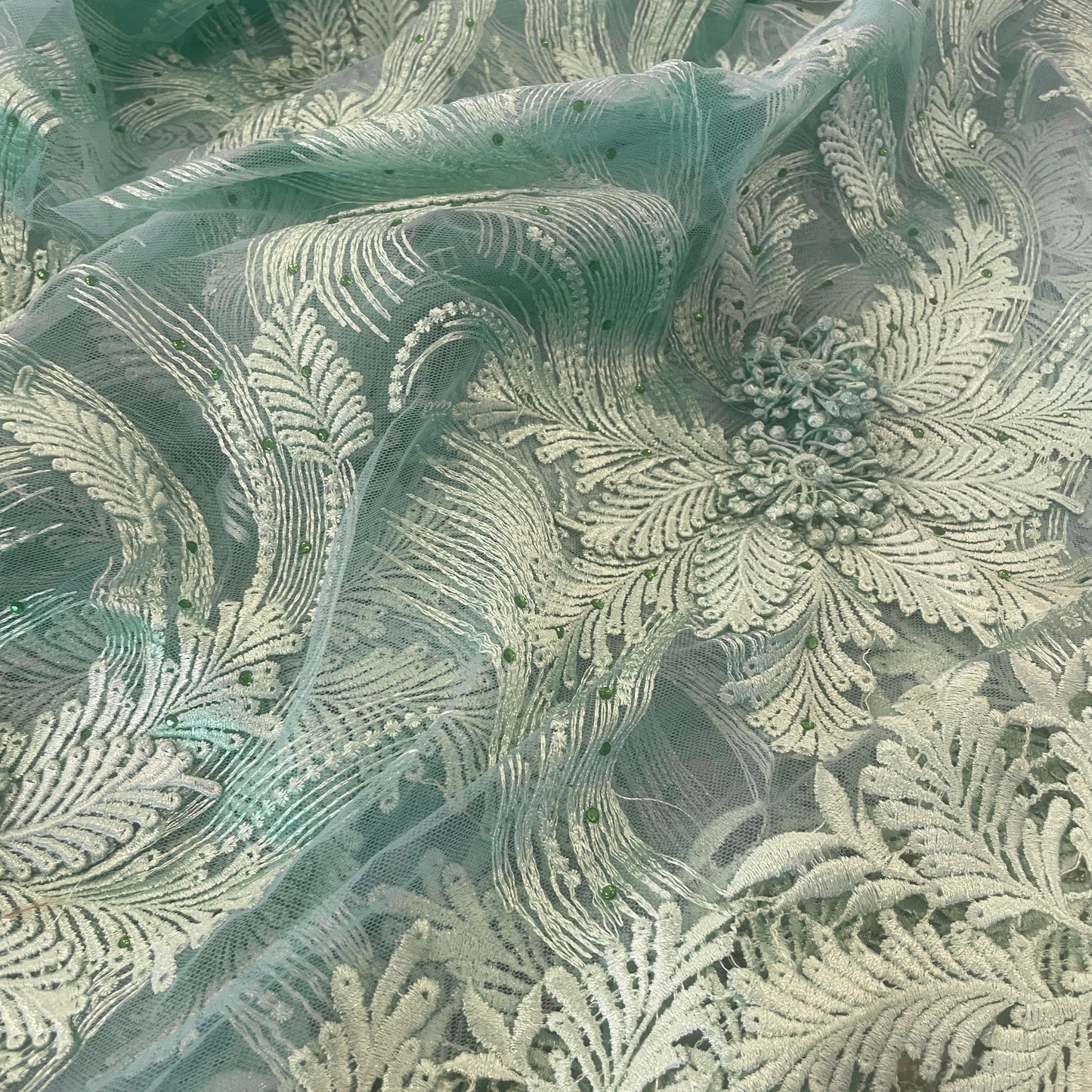 3.3m mint green 3D embroidered diamante tulle