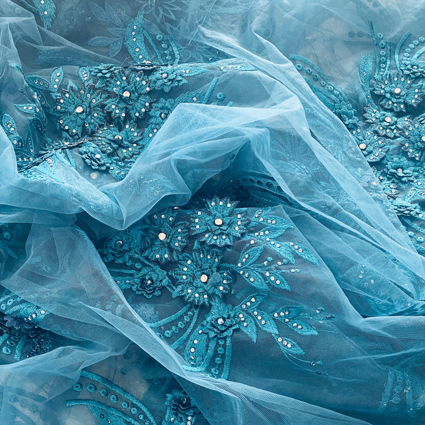 4m ocean teal 3D embroidered diamante tulle